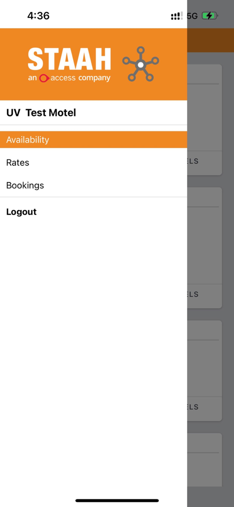 STAAH - STAAH mobile app side menu with navigation options for availability rates and bookings
