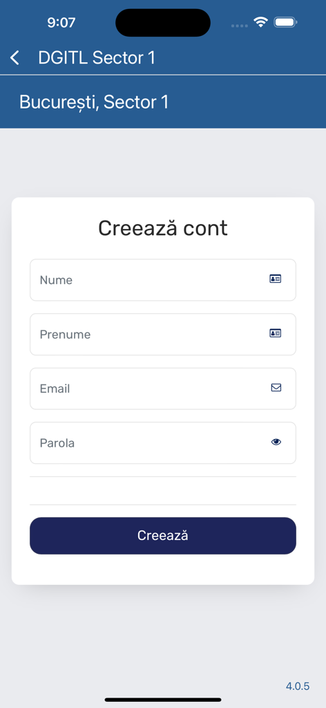 Schermata di registrazione dell'app mobile DGITL Settore 1 con campi per nome, email e password