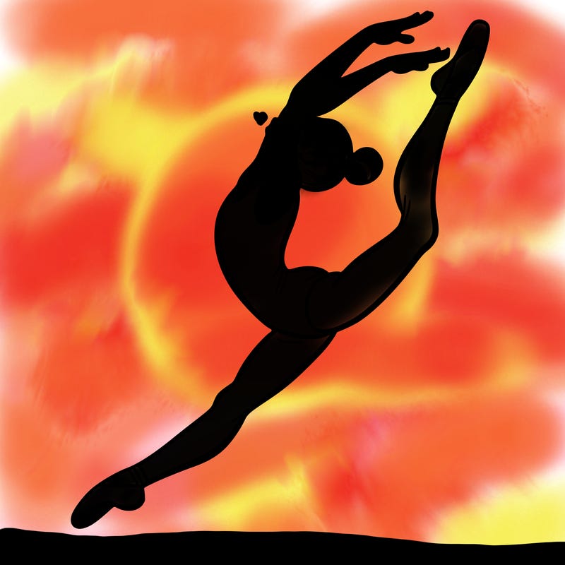 gymnast doing a leap in a leotard with a bent back leg