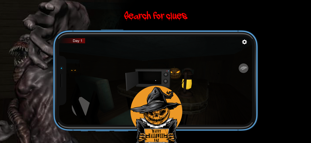 Granny Horror: Two Chapters #1 - Captura de tela da jogabilidade de Granny Horror mostrando uma sala escura com um micro-ondas e lanterna sob o texto "procure pistas".