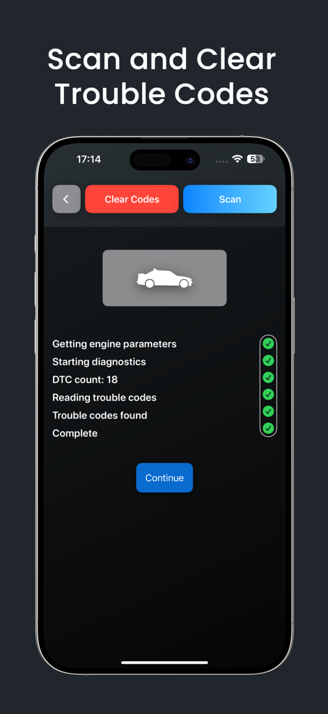 Alfa OBD2 Car Scanner Pro - Oberfläche der Alfa OBD2 Car Scanner Pro App, die eine abgeschlossene Diagnoseprüfung auf Fehlercodes zeigt.
