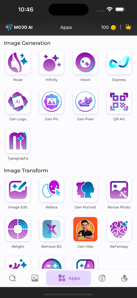 MOJO AI - MOJO AI app dashboard showcasing various AI image generation and transformation tools