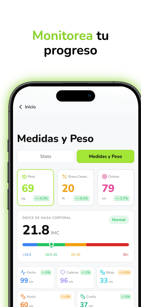 Calor.IA: Contador de Calorías - Screenshot of Calor.IA app displaying weight, body fat percentage, and BMI progress tracking.