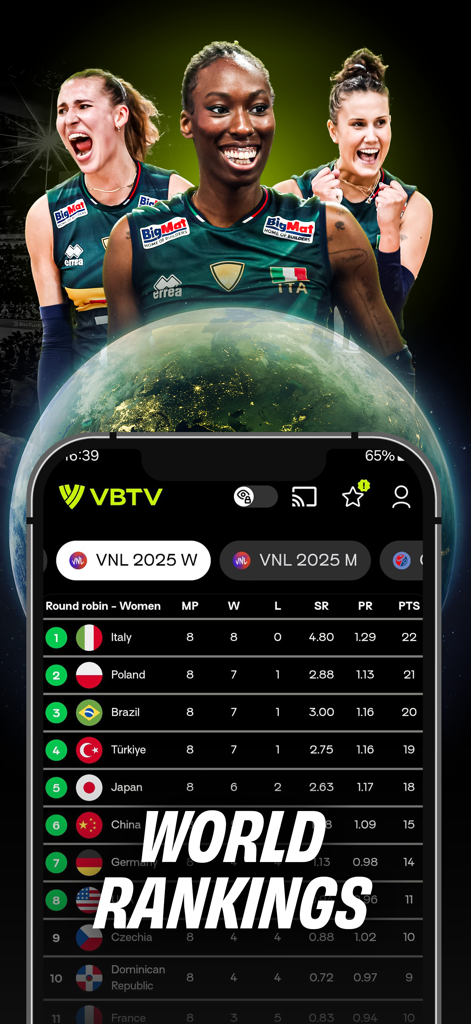 VBTV app interface showing the women's volleyball world rankings and standings