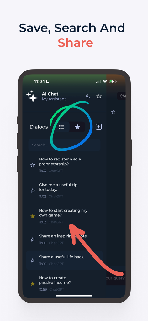 AI Chatbot GPT-5 Assistant - Interfaz de la aplicación AI Chatbot que muestra el historial de chat guardado y las opciones de búsqueda
