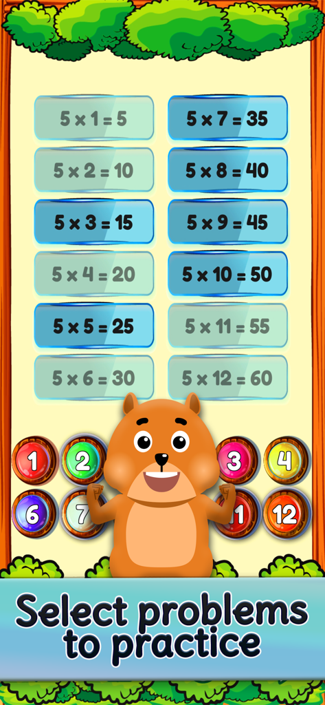 A bear mascot on a screen showing multiplication table selection for kids.