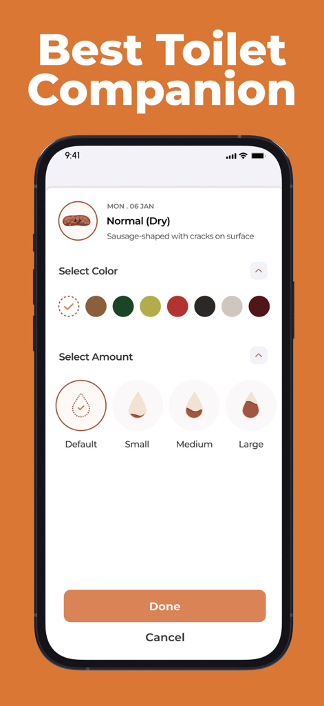 PooPal: Poop Log - PooPal app screen for logging a bowel movement including color and amount selection