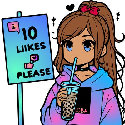 girl with a high ponytail and a hoodie drinking boba staring at a sign saying 10 likes please