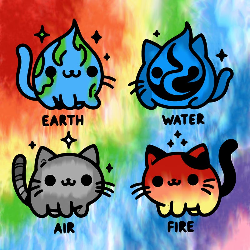 4 cats that represent the different elements, earth, water, air, and fire