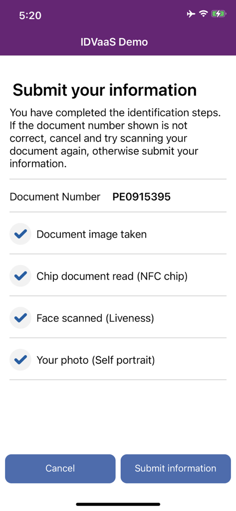 IDVaaS - IDVaaS app interface showing a checklist of completed identity verification steps including document scan, NFC chip read, and facial liveness check.