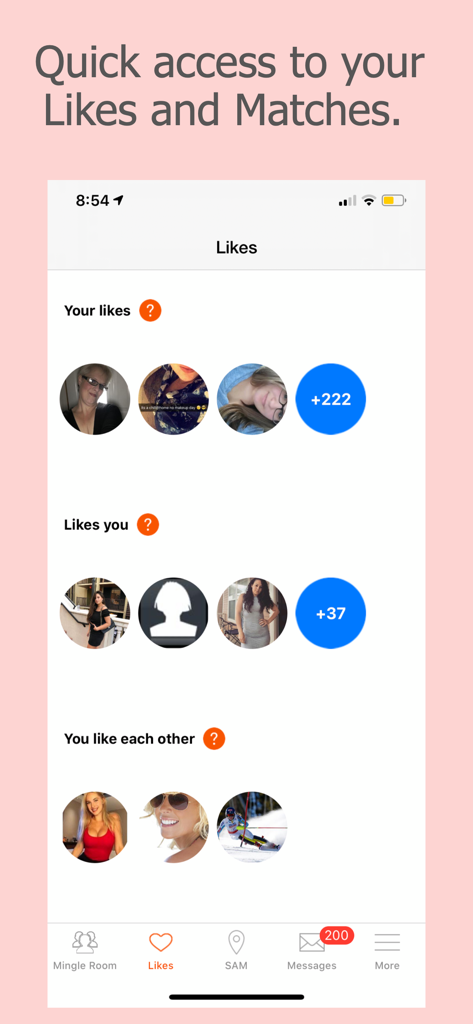 SinglesAroundMe app screen displaying likes and mutual matches