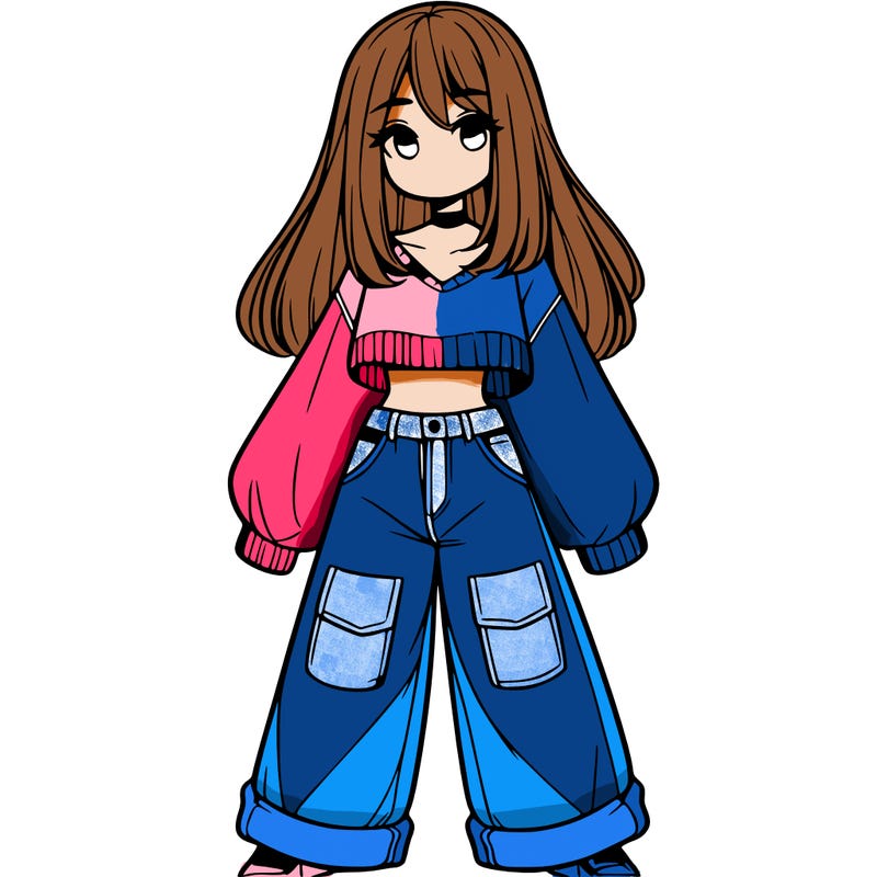cute girl with straight hair in baggy jeans and a crop top and a sweater