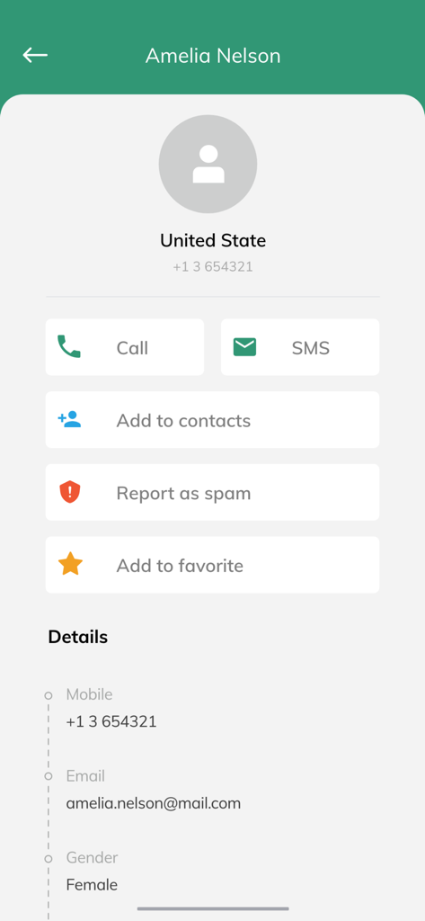 Number Book - Spam & Block - Screenshot der Number Book App, der ein Kontaktprofil für Amelia Nelson mit den Optionen Anrufen, Textnachricht senden oder als Spam melden anzeigt.