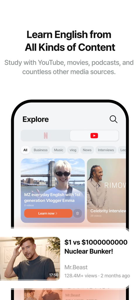 Langflixアプリの探索画面。YouTubeやNetflixの英語学習コンテンツを表示。