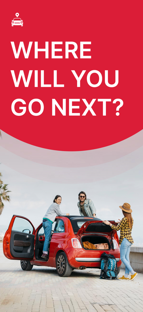 Um grupo de jovens amigos em uma viagem de carro com um carro compacto vermelho sob um banner vermelho perguntando Para onde você irá a seguir