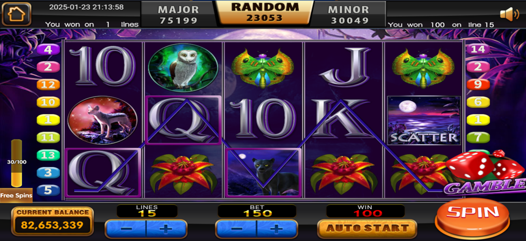 Slot machine da casinò mobile Lucky Gold con simboli animali e un pulsante di spin