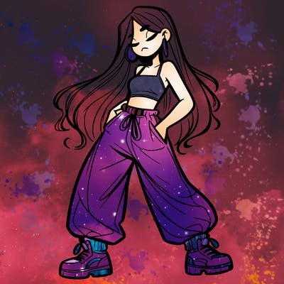 girl in baggy pants crop top and long hair