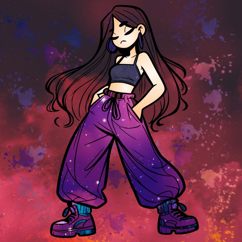 girl in baggy pants crop top and long hair