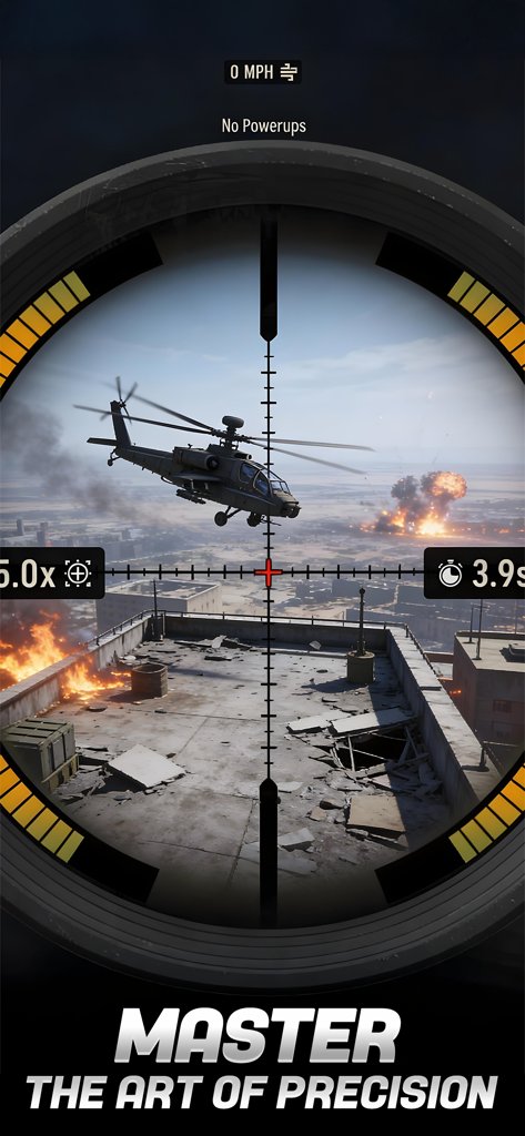 Sniper Battle: 3D War Shooter - Sniper scope view aiming at a military helicopter in a warzone battlefield