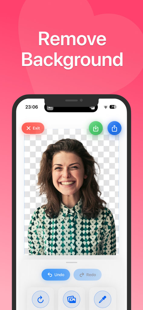 Remove Background Easy with AI - Smartphone screen showing the Remove Background Easy with AI app removing the background from a portrait photo