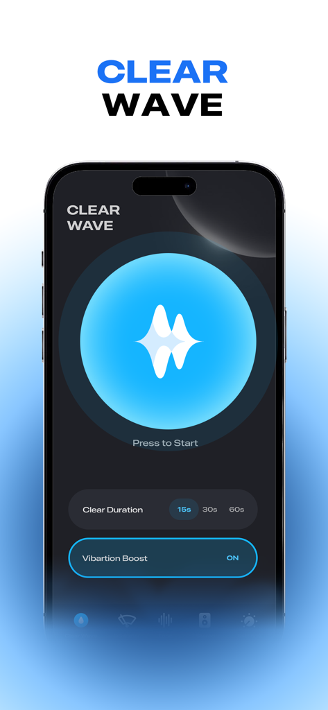Sonic Pitch Sound Generator - Oberfläche der Sonic Pitch Sound Generator App, die die Clear Wave-Funktion zur Reinigung von Lautsprechern zeigt