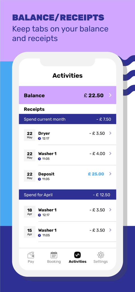 Circuit Go app interface showing account balance and recent laundry transactions