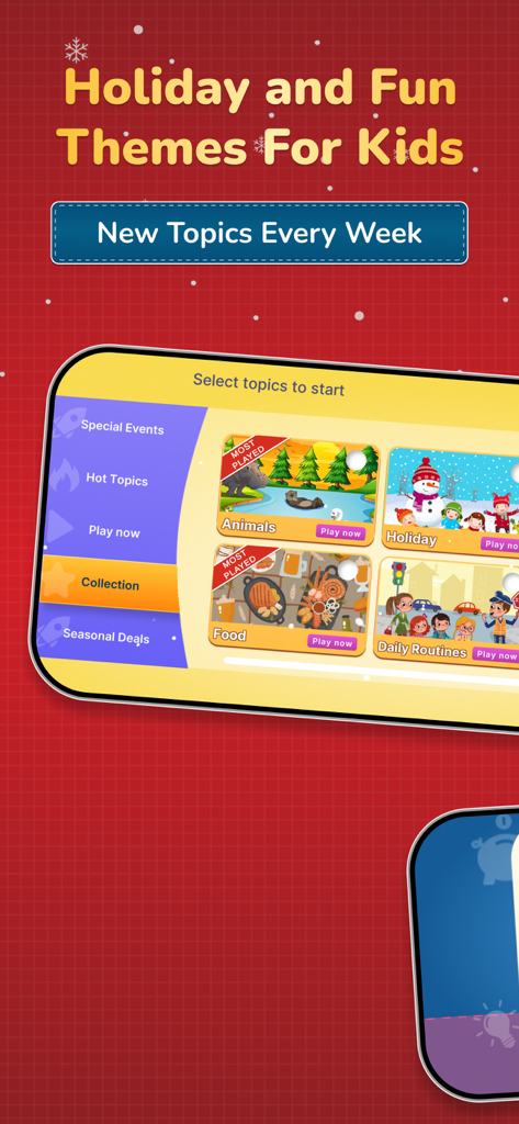 Charades Kids: Act it out - Charades Kids app interface showing different themed word packs like animals holiday food and daily routines