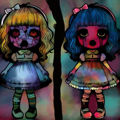 creepy and beautiful but cracked porcelain doll pouty lips with short dress, long socks, and mary janes