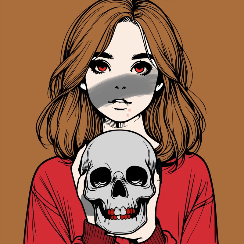 realistic girl holding a skull