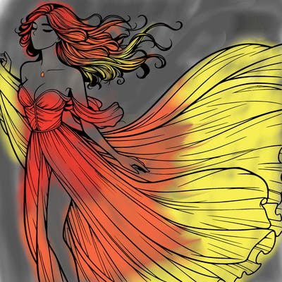 realistic woman in dress flowing the the wind