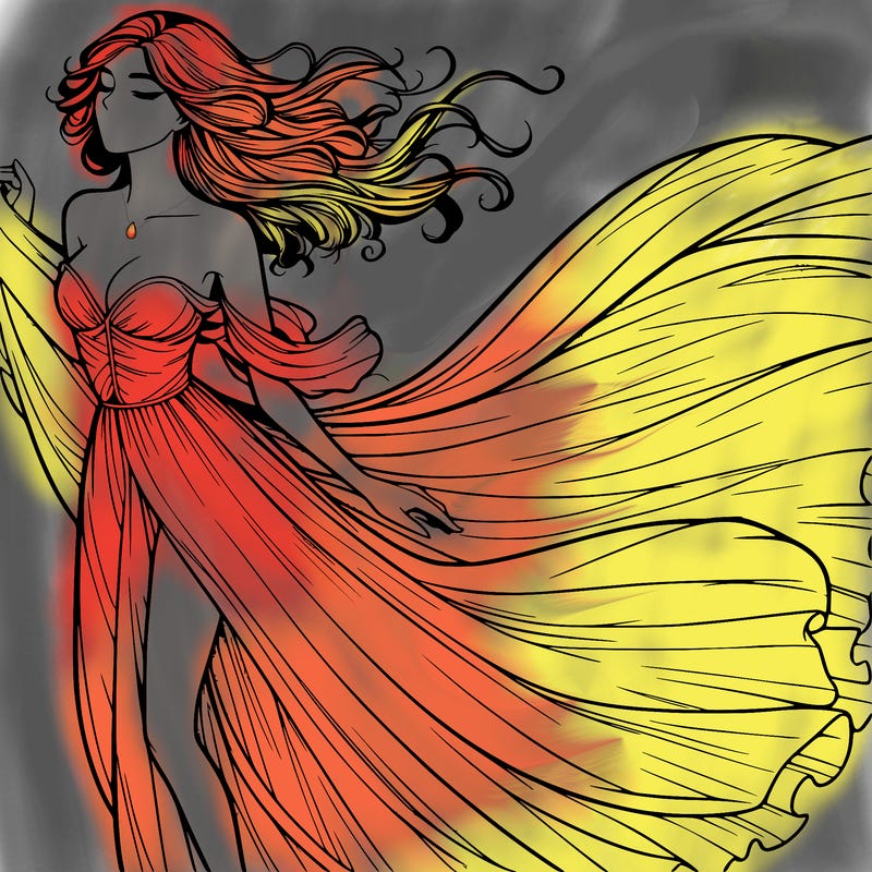 realistic woman in dress flowing the the wind