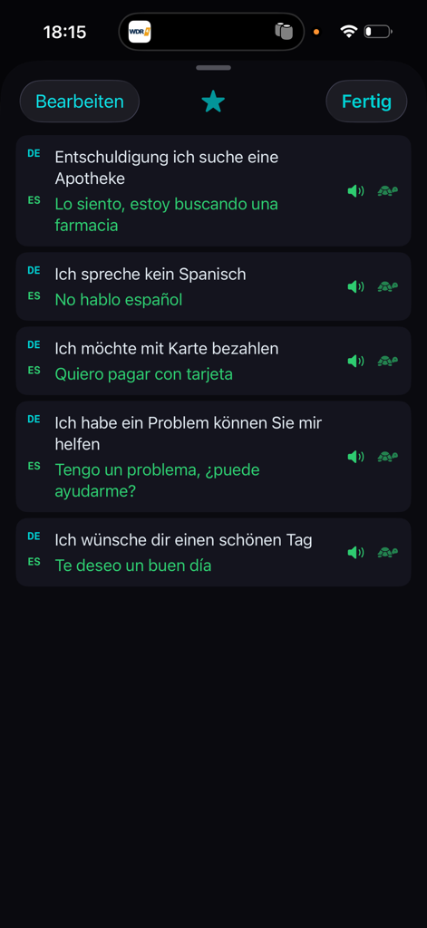 A list of saved common phrases translated from German to Spanish in the Tolki app favorites section.