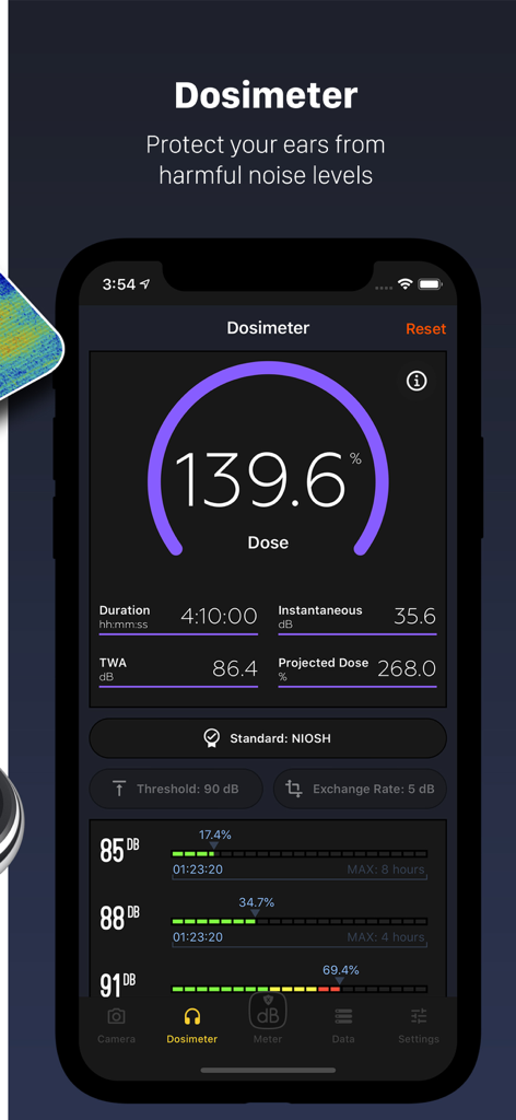 Decibel X app interface showing the Dosimeter screen for monitoring noise exposure levels and hearing protection
