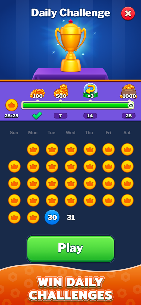 Daily challenge calendar screen showing a golden trophy and reward progress bar in the Nut Sort Games mobile app