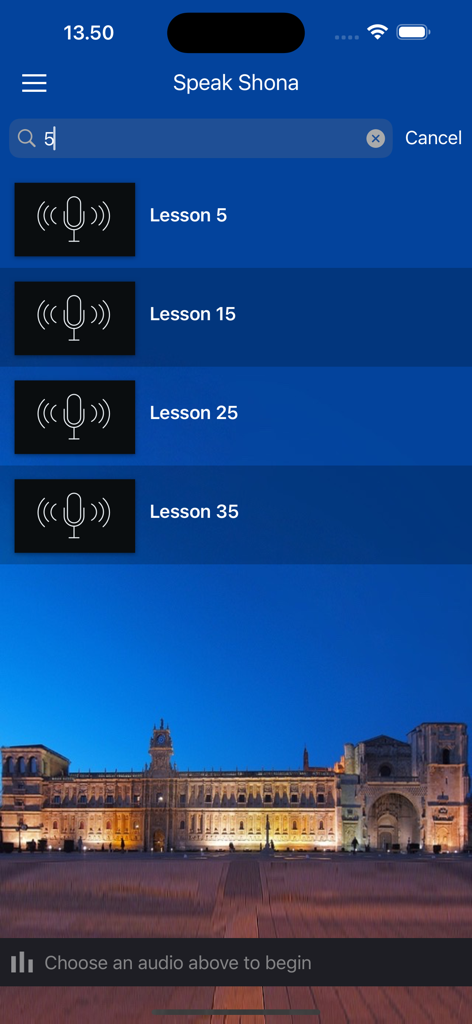 Interfaz de la aplicación Speak Shona que muestra una lista de lecciones de audio numeradas y una barra de búsqueda.