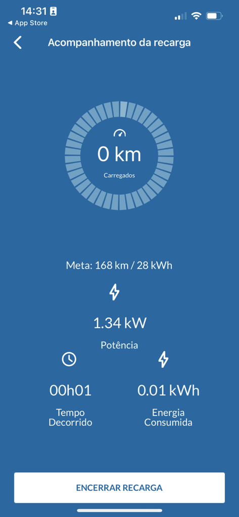 Eletroposto Celesc - Real-time electric vehicle charging progress screen showing power and energy consumption