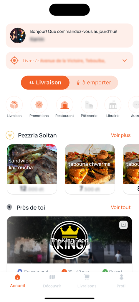 Fly Delivery - Fly Delivery mobile app home screen with food categories and restaurant listings