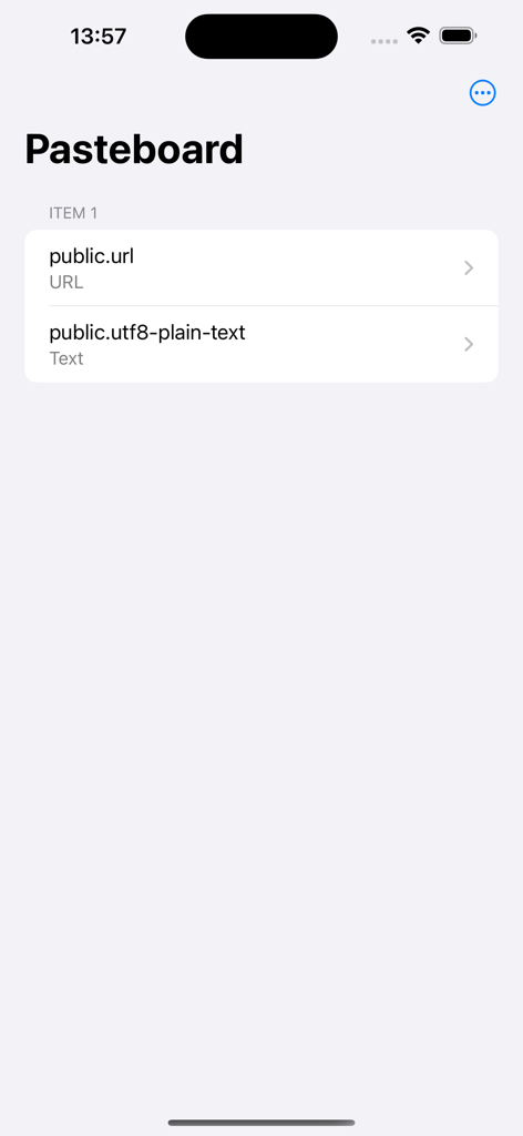 Pasteboard Viewer - Pasteboard Viewer app interface showing a list of clipboard data types including URL and plain text