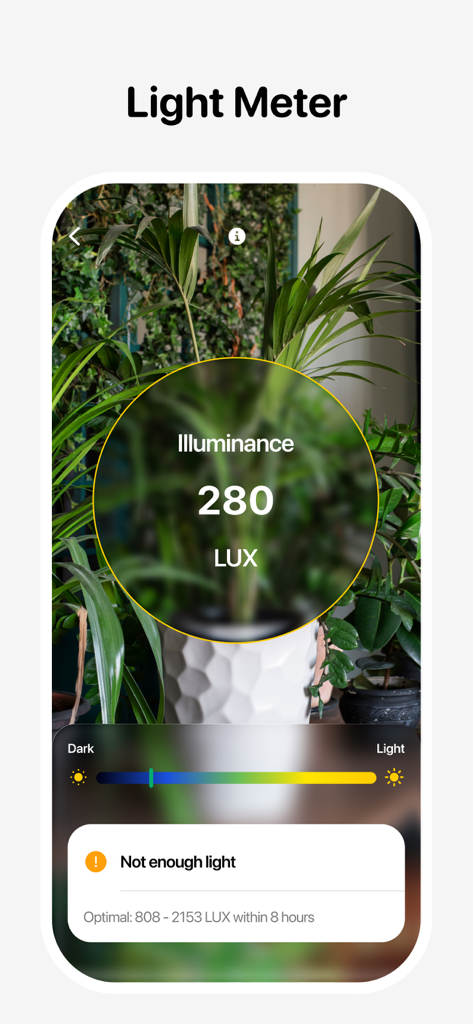 Plant Identifier - Leafora AI - Leafora AI app digital light meter interface showing a 280 LUX measurement and a warning that there is not enough light for the plant