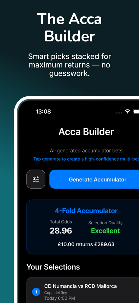 Die Kombiwetten-Builder-Funktion in der KI-Wett-Tipps-App, die eine KI-generierte Fußball-Akkumulatorwette mit Quoten und Auswahlqualität zeigt.