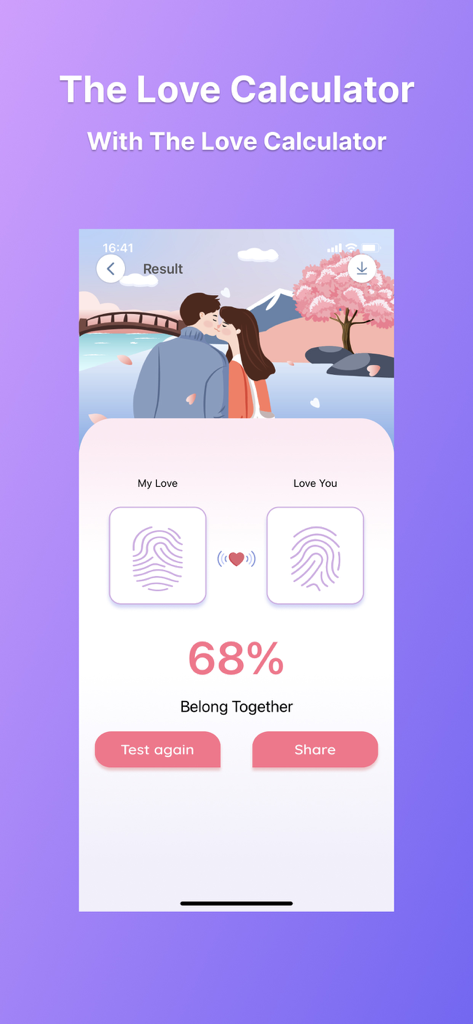 Crush Love Calculator Test - Fingerprint love calculator result screen showing sixty eight percent compatibility match between two people