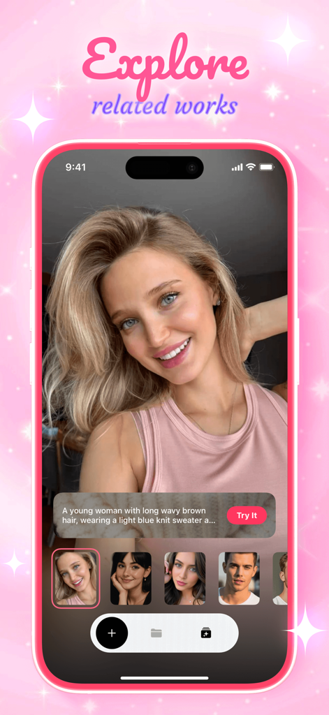 Suto: Share Your Prompt Art - Suto app interface showing AI generated portraits and the explore related works feature