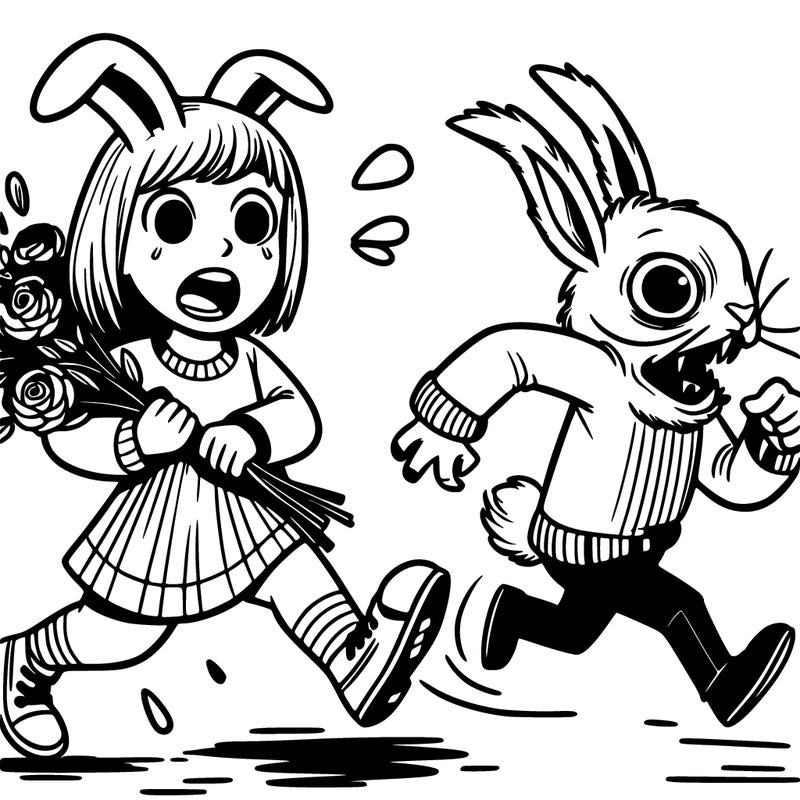 girl getting chased by a crazy creepy bunny