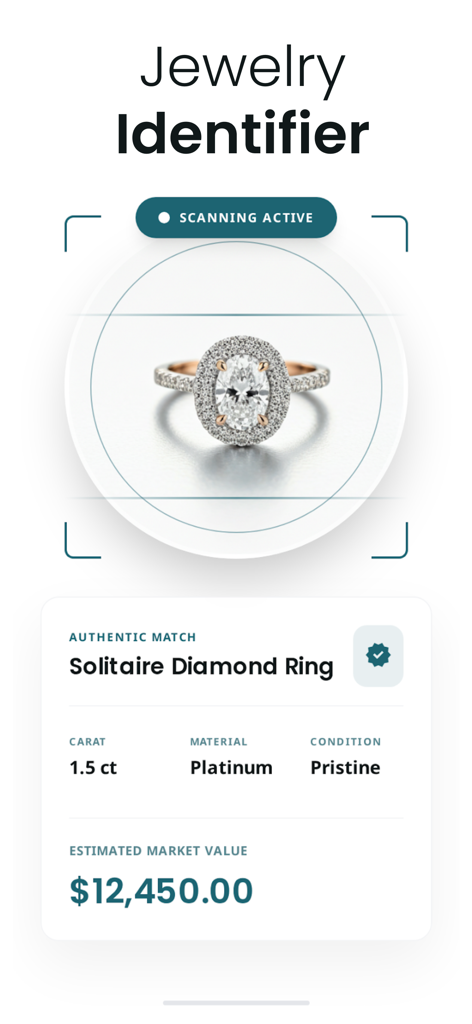 Jewelry - Antique Identifier - Captura de pantalla de la aplicación Identificador de Joyería escaneando un anillo de diamantes y mostrando su valor de mercado y materiales
