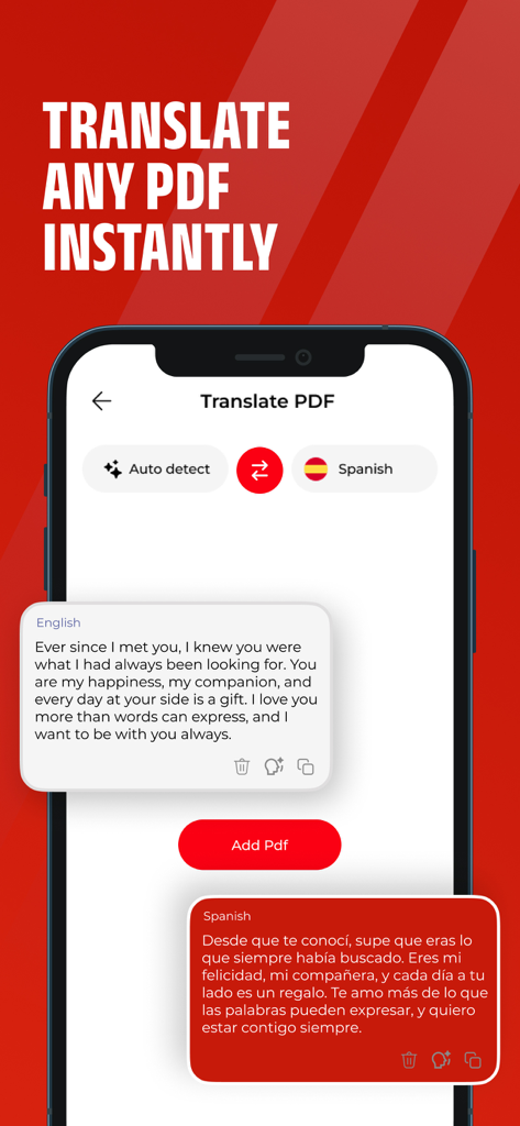 Cineby 앱 인터페이스로, 영어에서 스페인어로 즉각적인 PDF 번역 기능을 시연합니다.