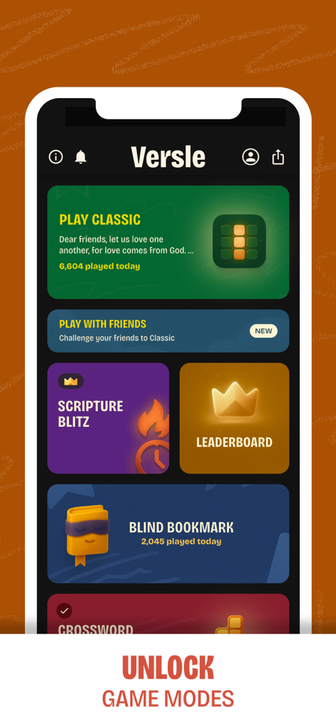 Versle | Daily Bible Game - Interfaz de la aplicación Versle que muestra múltiples modos de juego bíblico como Scripture Blitz, Classic y Blind Bookmark.