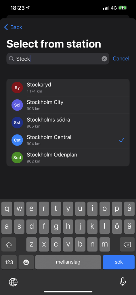 Search screen in Pendla app for selecting a train station in Stockholm