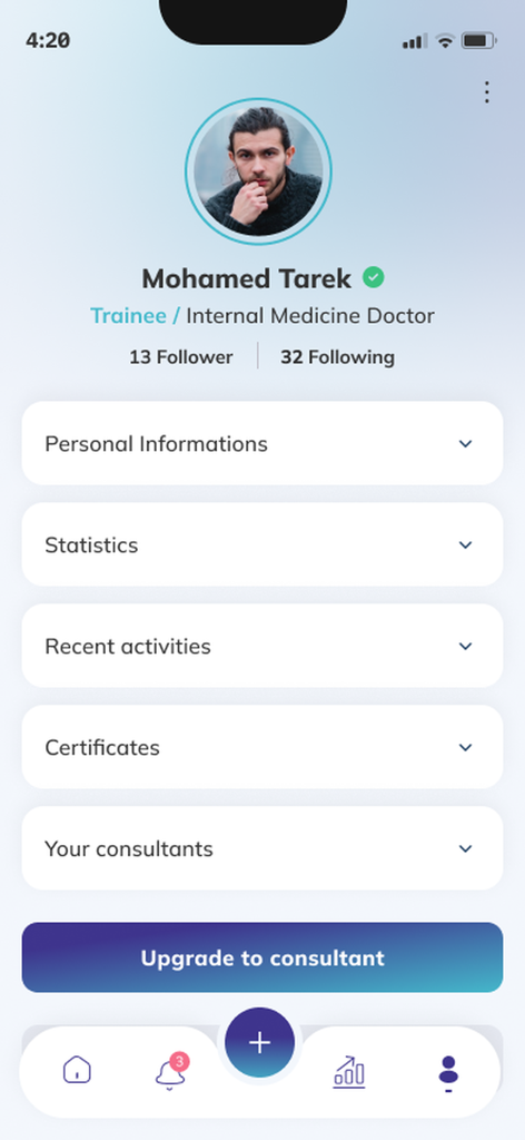 iLog - User profile screen of the iLog app for medical professionals showing personal statistics and recent activities