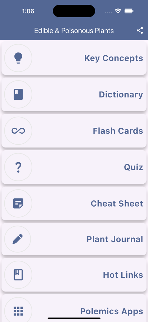 Edible and Poisonous Plants - Main menu screen of the Edible and Poisonous Plants survival app showing features like dictionary and quiz