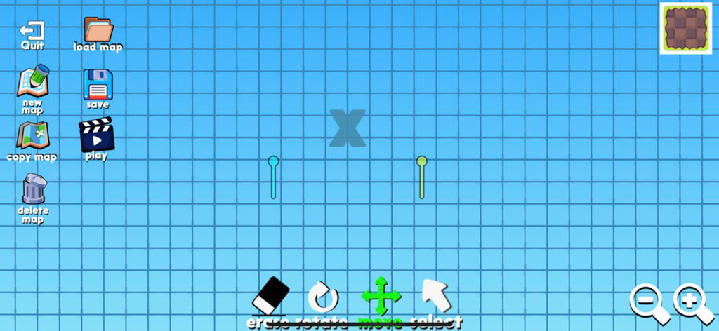 Level editor interface in Supreme Duelist 2021 showing a blue grid background and creation tools